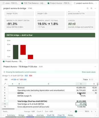 A number in a spreadsheet app cited back to its source cell in the model