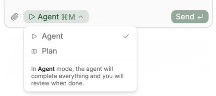 The mode dropdown in the chat showing Agent and Plan modes
