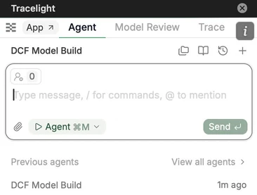 The Tracelight chat pane with the Agent mode selected and previous agent runs listed below
