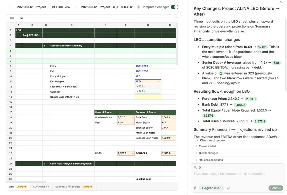 Every change between two workbook versions with an AI summary of their impact