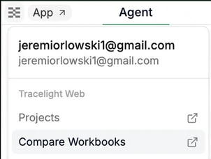 The Tracelight menu with a link to Compare Workbooks in the Platform