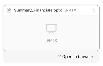 An exported PowerPoint file in the chat with an Open in browser button