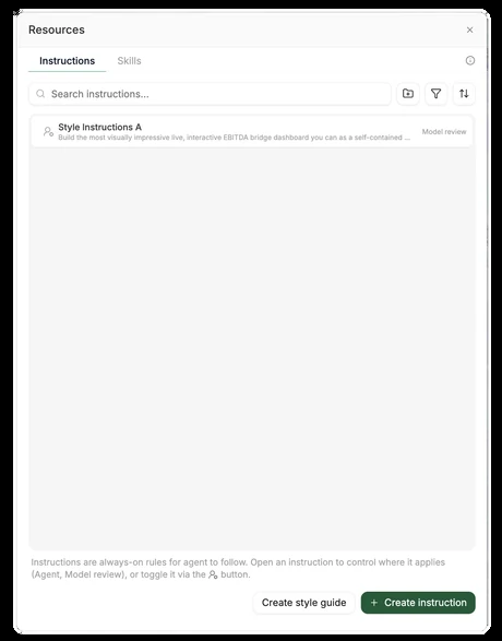 The instructions panel with options to create a style guide or a custom instruction