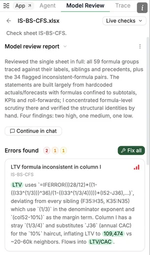 A model review report summarising an error found in the sheet with a Fix all button