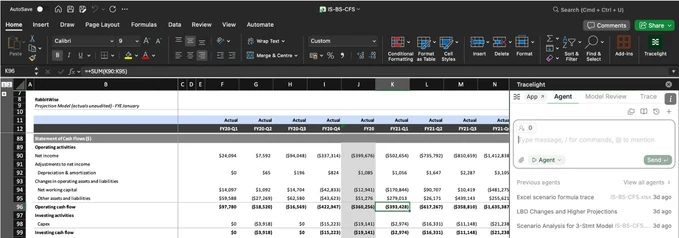 The Tracelight add-in open in the Excel side panel