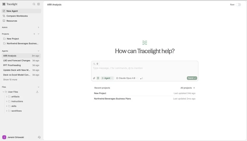 The Tracelight Platform home screen with projects and recent agents