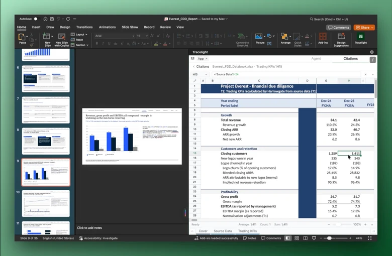 The Tracelight add-in open in PowerPoint next to the underlying Excel model