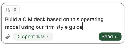 A prompt asking Tracelight to build a CIM deck from an operating model using a firm style guide