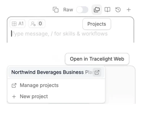 The Projects dropdown above the chat with the option to open a project in Tracelight web