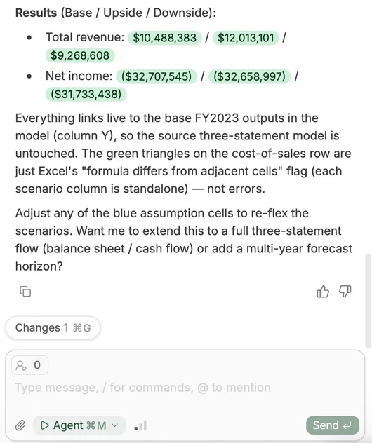 A completed agent response in the chat with clickable cell references and the Changes button