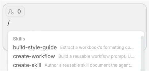 The Skills dropdown opened by typing a slash in the chat