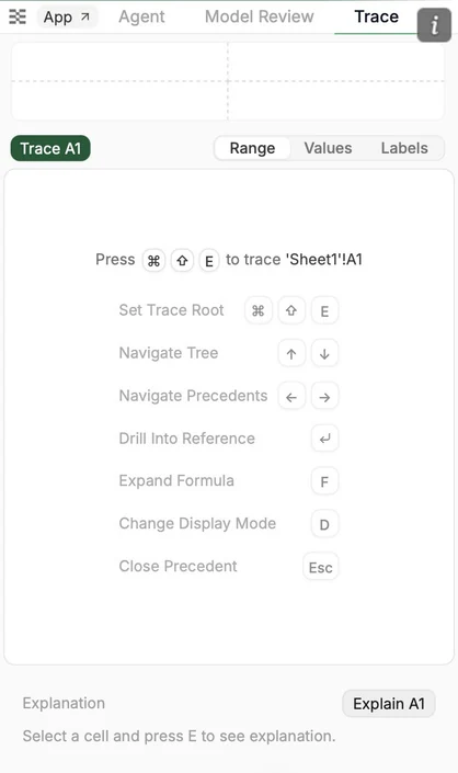 The Trace tab showing the keyboard shortcuts for navigating the precedent tree