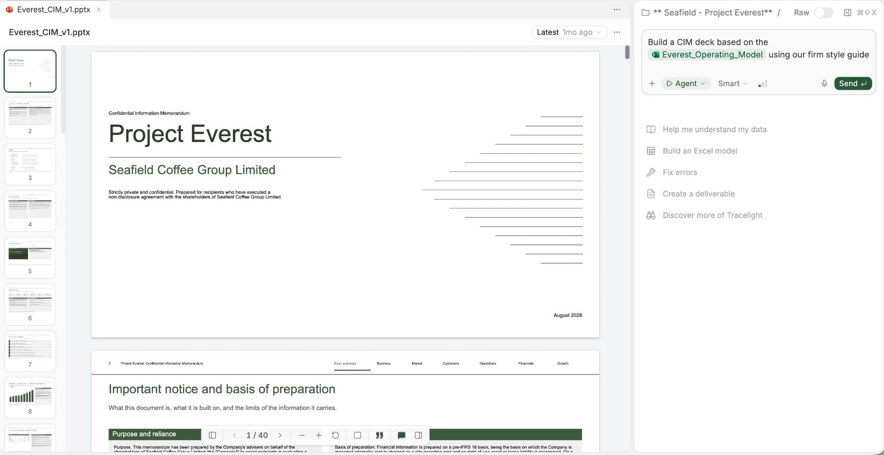 A CIM deck built from an Excel model to the firm style guide