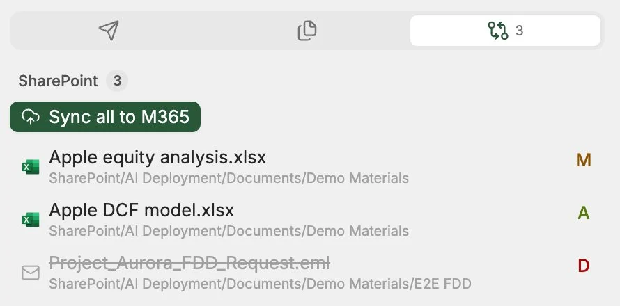 Changes tab listing pending SharePoint edits with a Sync all to M365 button