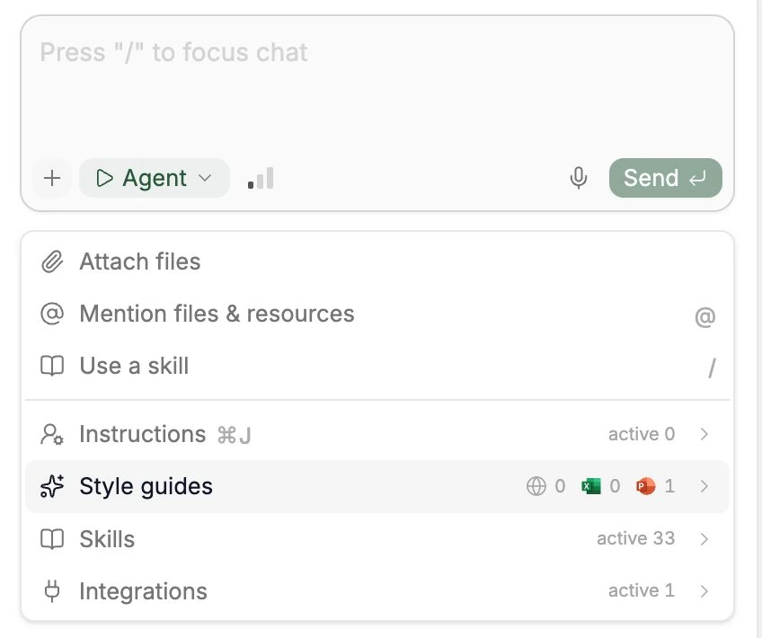 Chat + menu open showing Instructions, Style guides, Skills, and Integrations with active counts