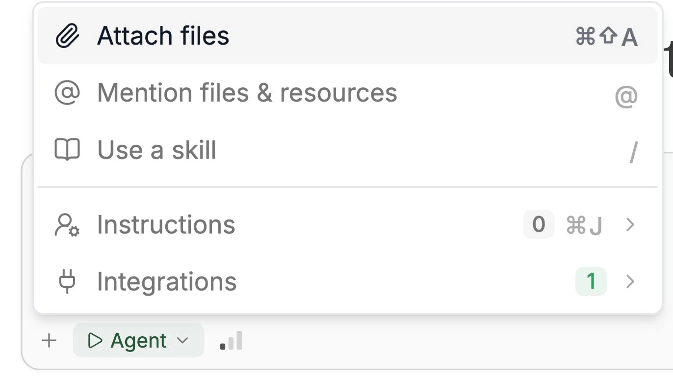 Composer menu with Attach files, Mention files, and Use a skill