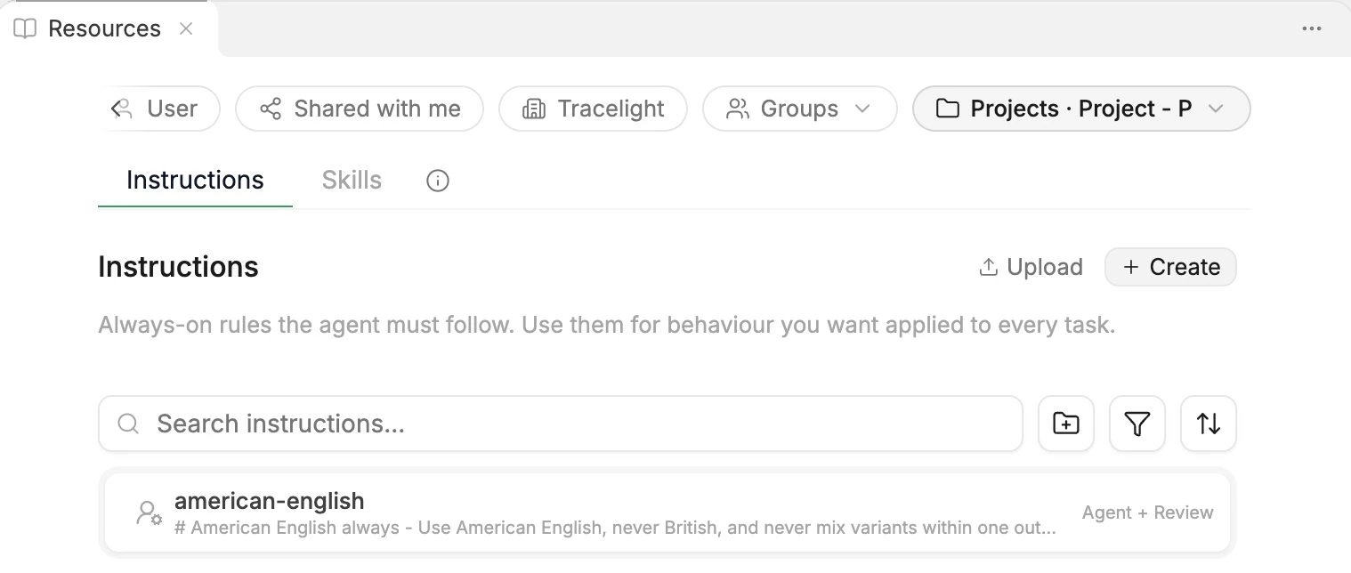 Instructions tab in Resources, scoped to a project, with Upload and Create