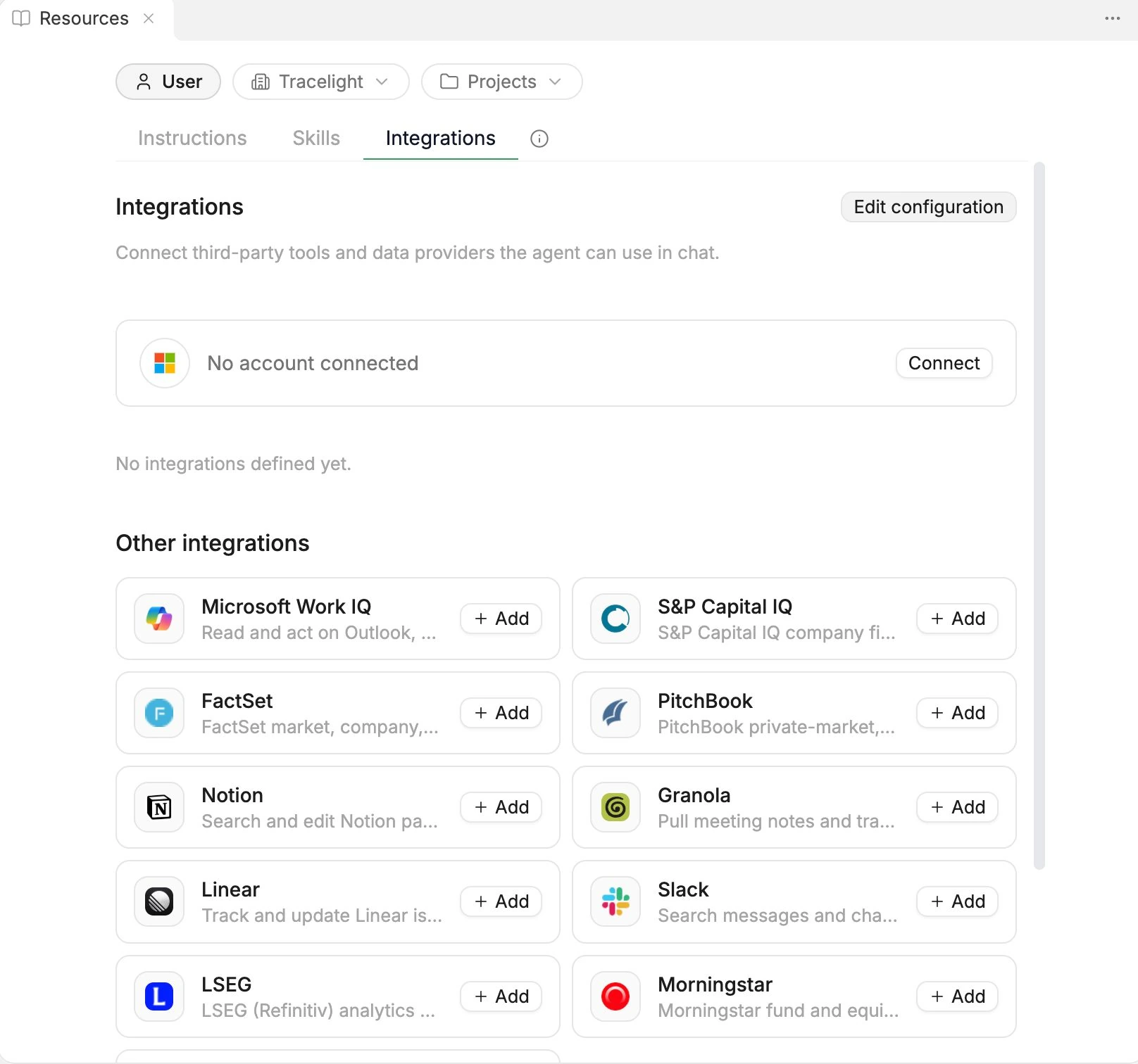 Integrations tab in Resources listing available data providers and tools to connect