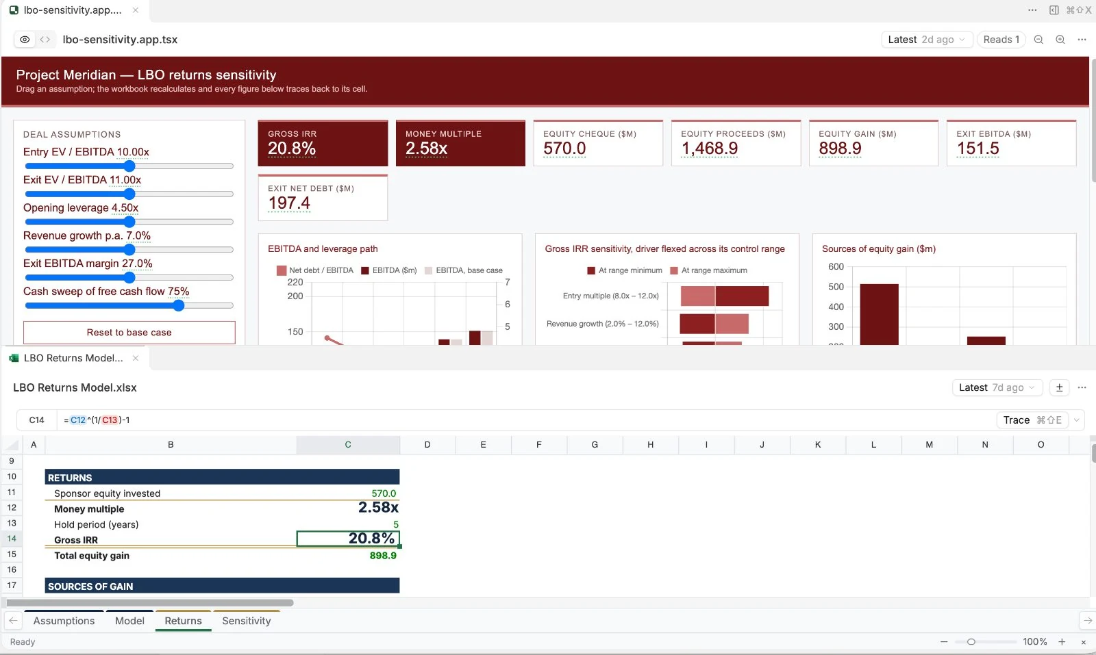 LBO returns sensitivity app above the LBO Returns Model spreadsheet, with Gross IRR 20.8% traced to cell C14