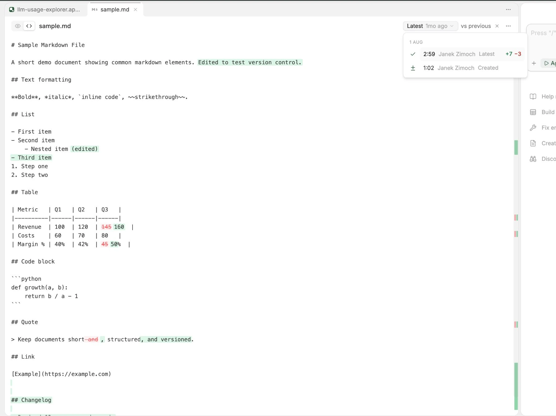 Markdown file with added text highlighted green and replaced values struck through in red