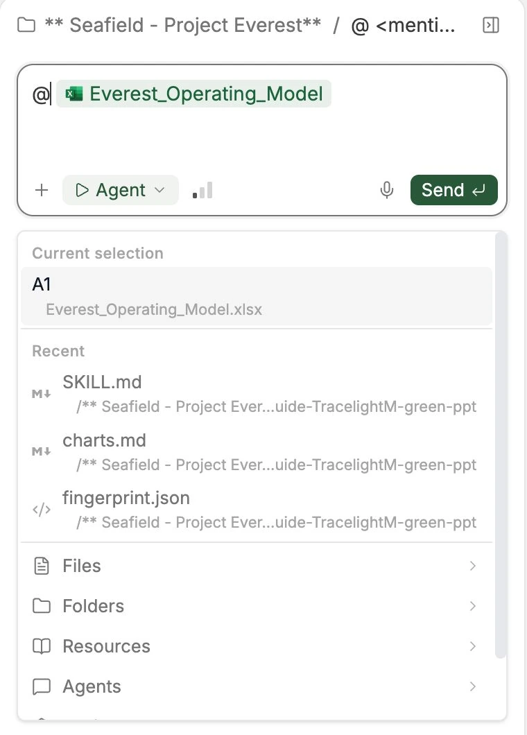 @ mention picker showing the current selection, recent files, folders, and resources