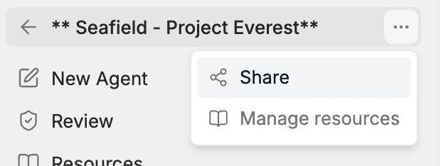Project menu with Share and Manage resources