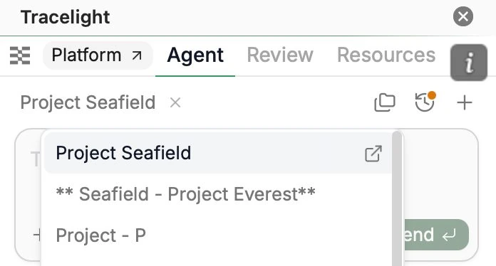 Project picker opened from the folder icon in the Excel add-in