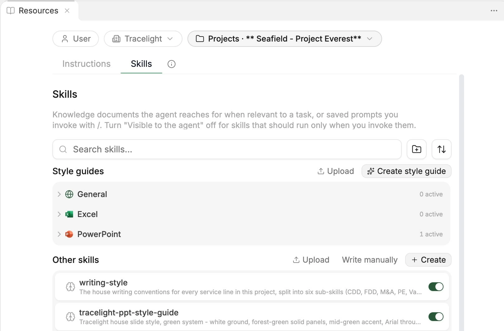 Resources tab scoped to a project, showing project-specific style guides and skills