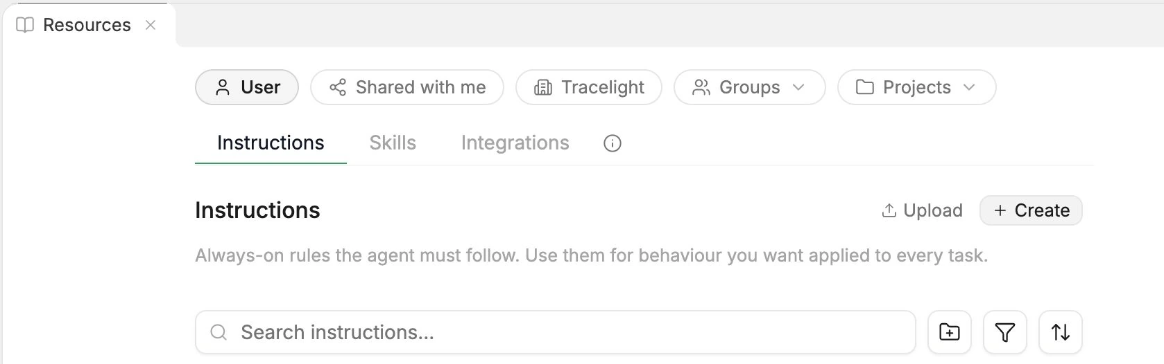 Resources with User, Shared with me, Tracelight, Groups, and Projects filters above the Instructions, Skills, and Integrations tabs