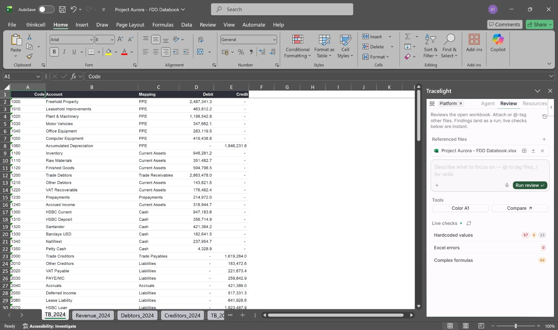 Review tab in the Excel add-in with referenced files, Run review, and live checks