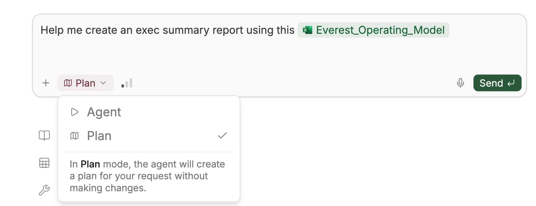 Selecting Plan mode with a request and an attached model