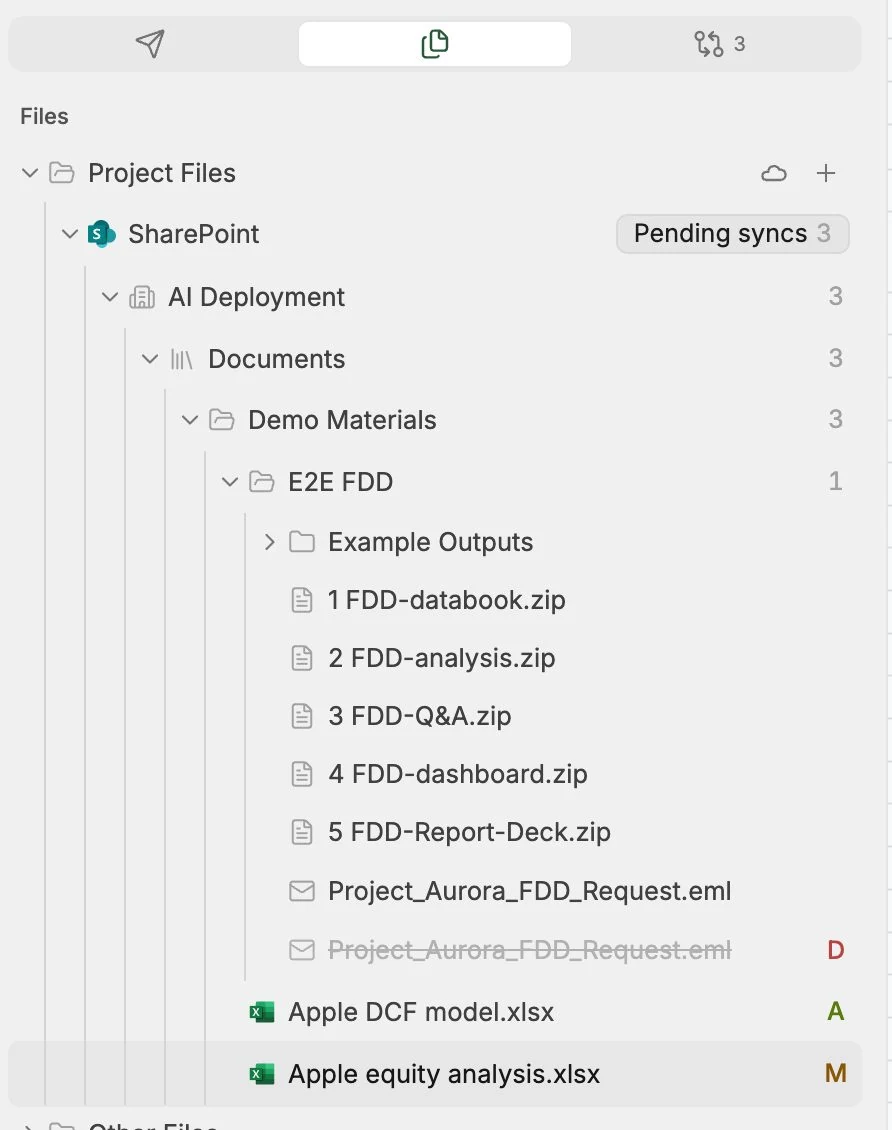 SharePoint folder tree with files marked A, M, and D and a Pending syncs count