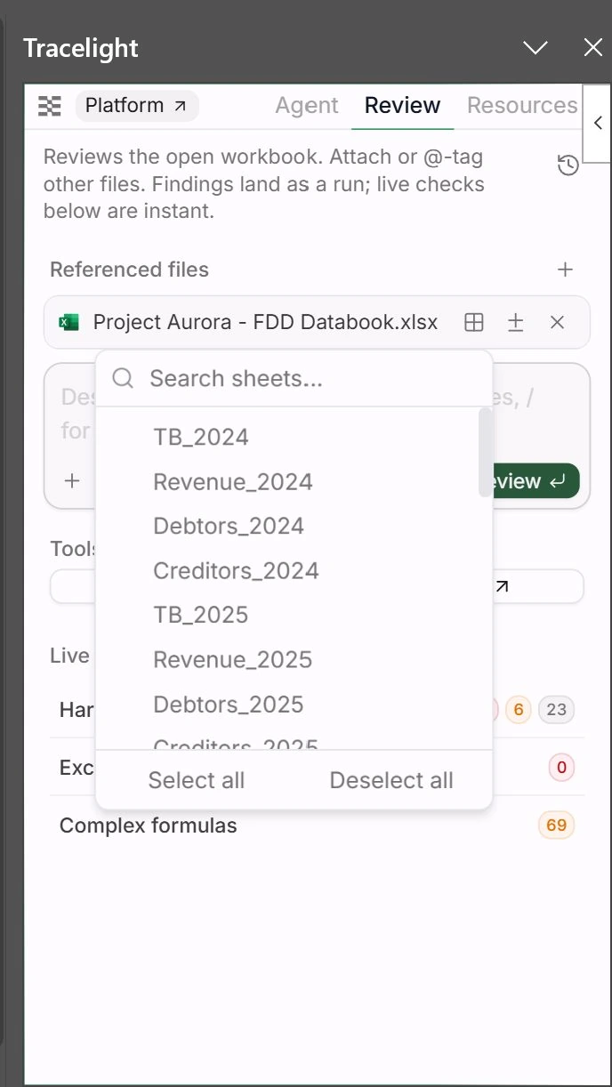 Sheet picker with search, select all, and deselect all