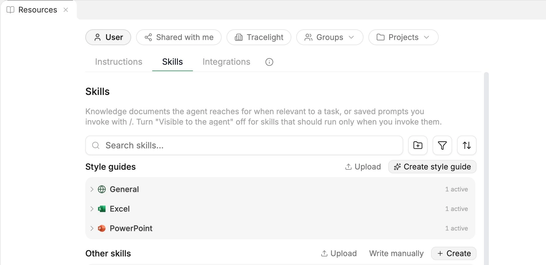 Skills tab in Resources showing style guides for General, Excel, and PowerPoint, then Other skills