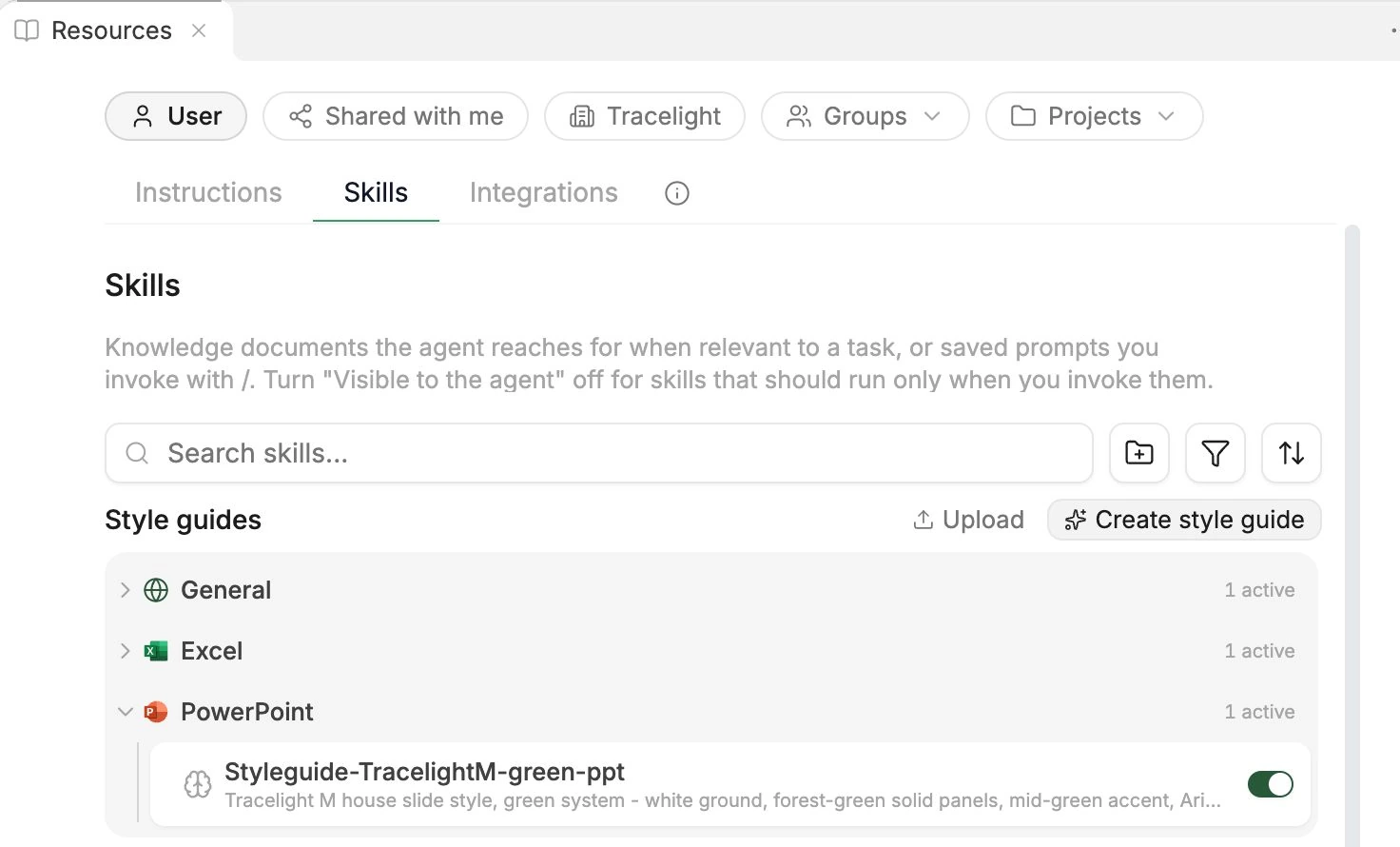 Skills tab in Resources with style guides grouped by General, Excel, and PowerPoint
