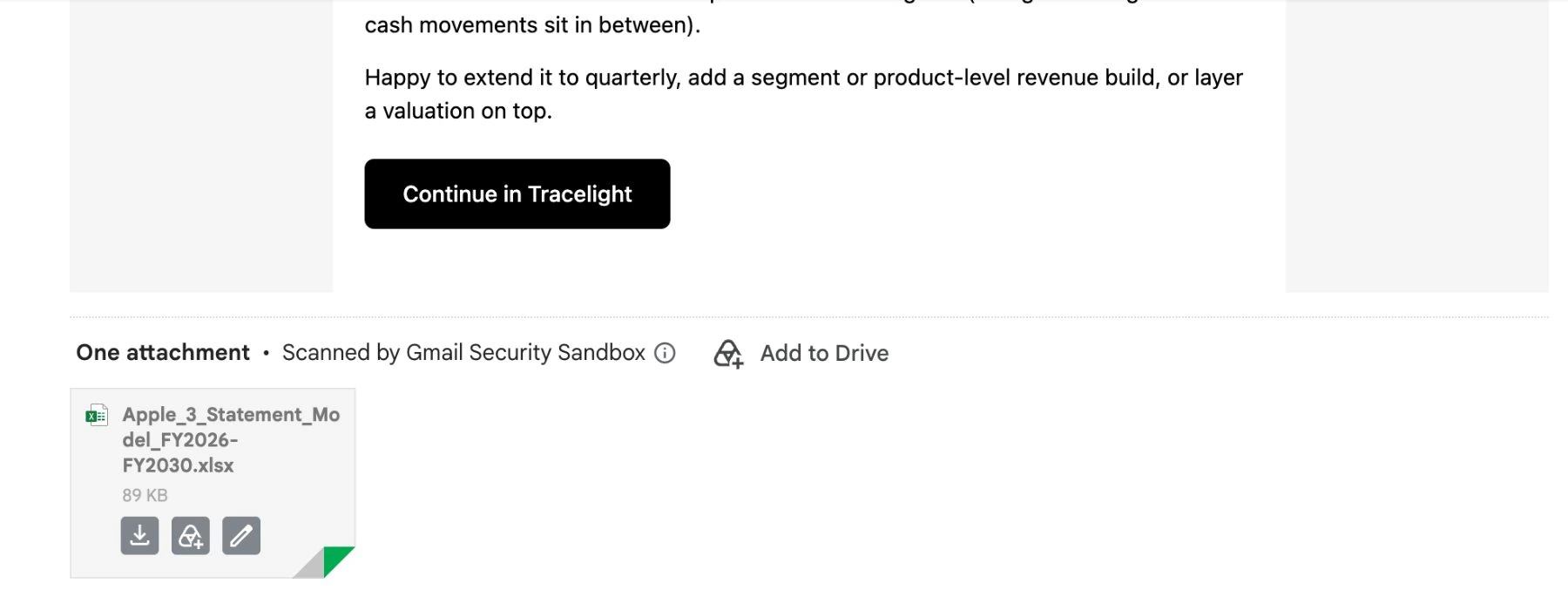 The reply’s Continue in Tracelight button and the attached .xlsx