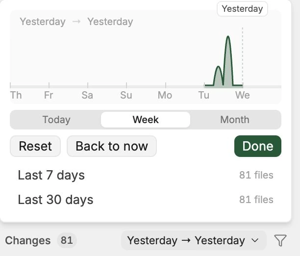 Timeline of changes with Today, Week, and Month views