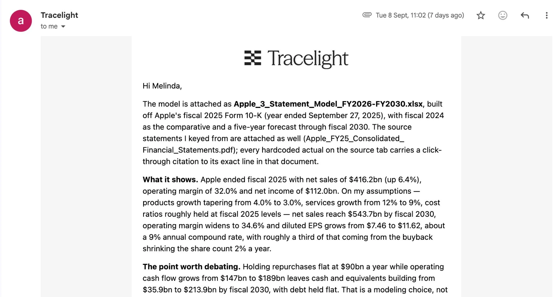 Tracelight’s email reply summarising the model