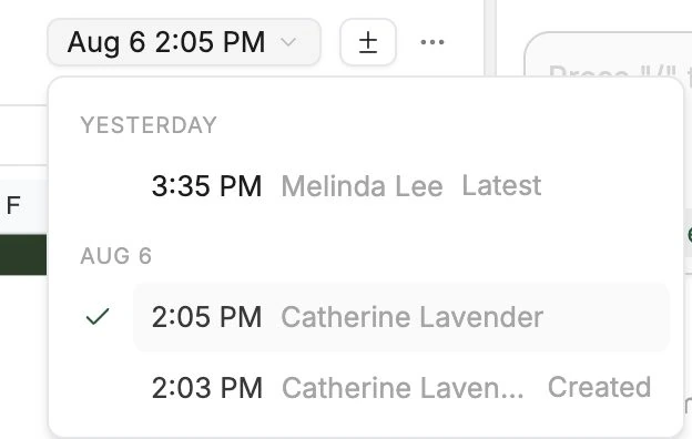 Version picker showing each version with the time and the person who made the change