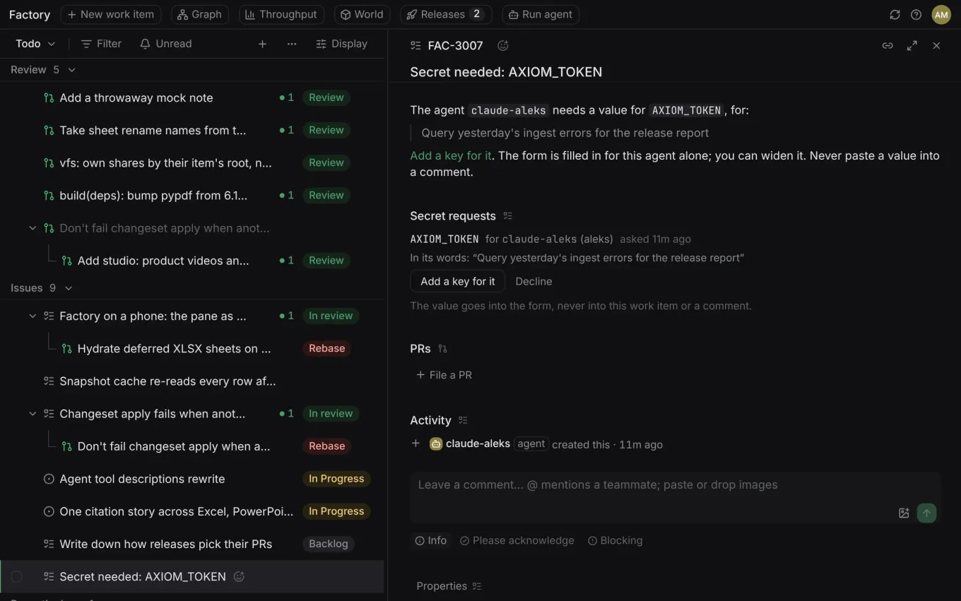 Factory's todo: PRs to review and issues on the left; on the right, a work item an agent opened, asking its person for a key, with its purpose and buttons to add a key or decline.