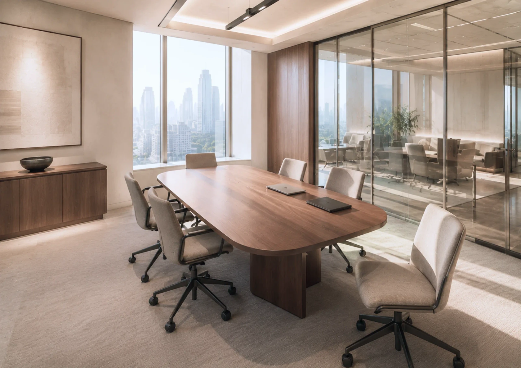 Boardroom with a long conference table overlooking the city skyline