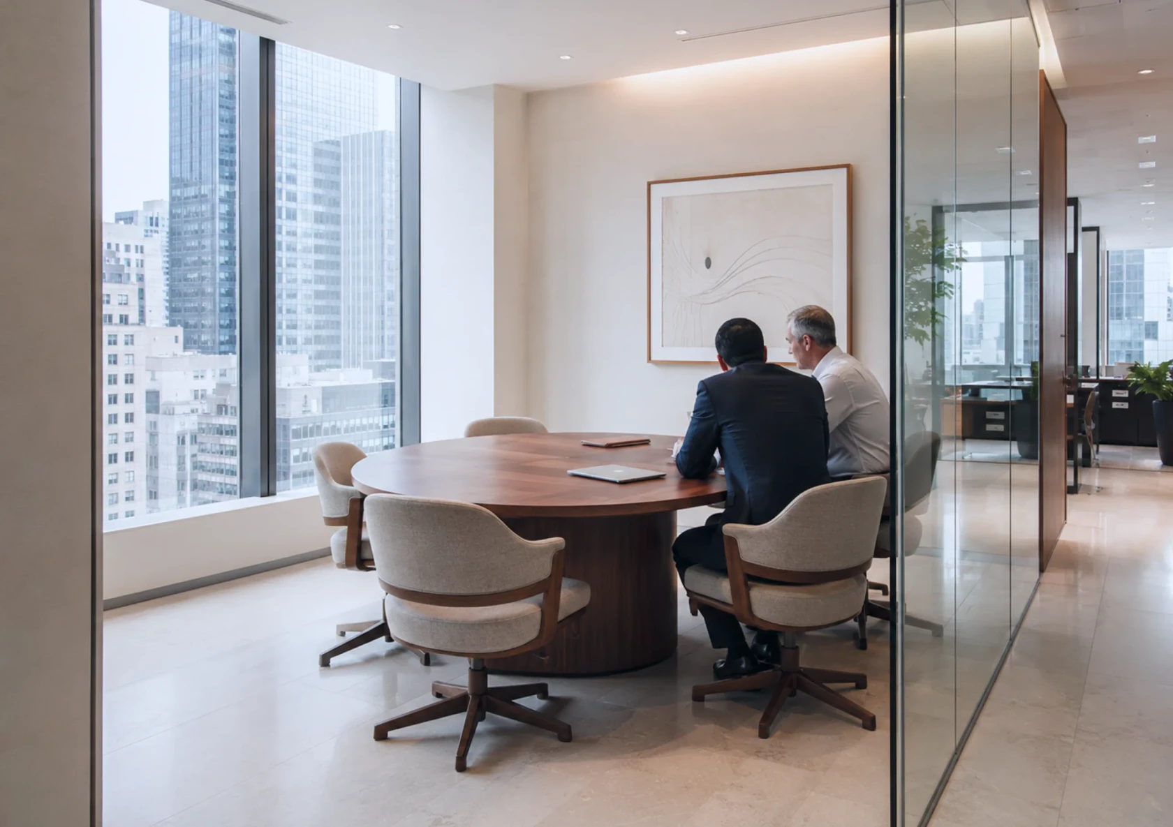 Two executives reviewing documents at a round meeting table