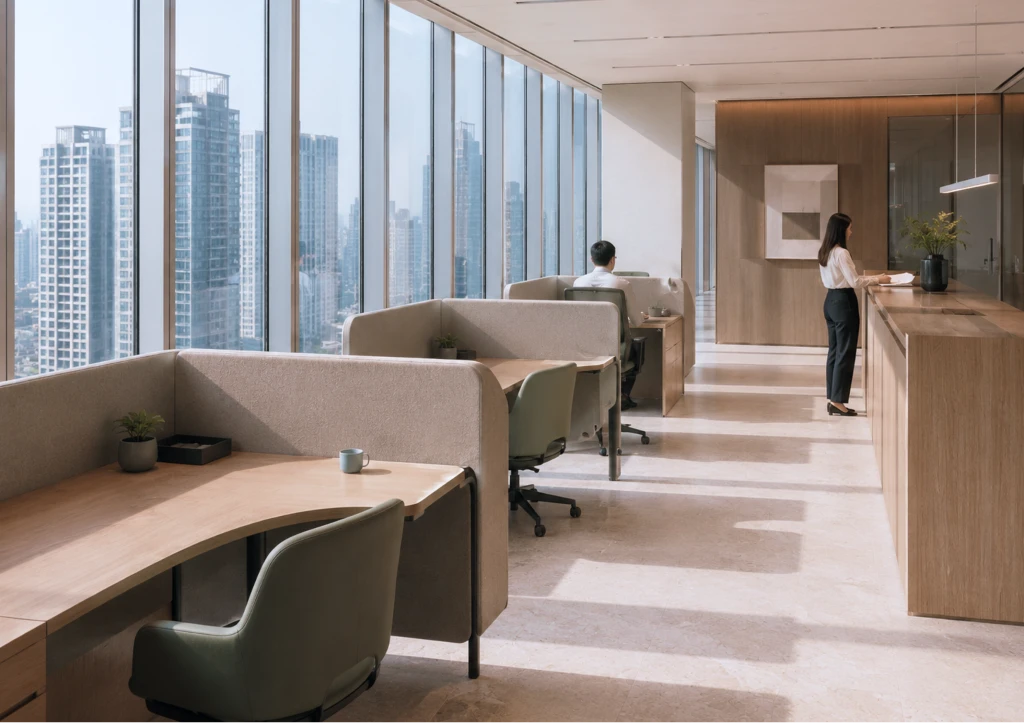 Modern office overlooking a city skyline