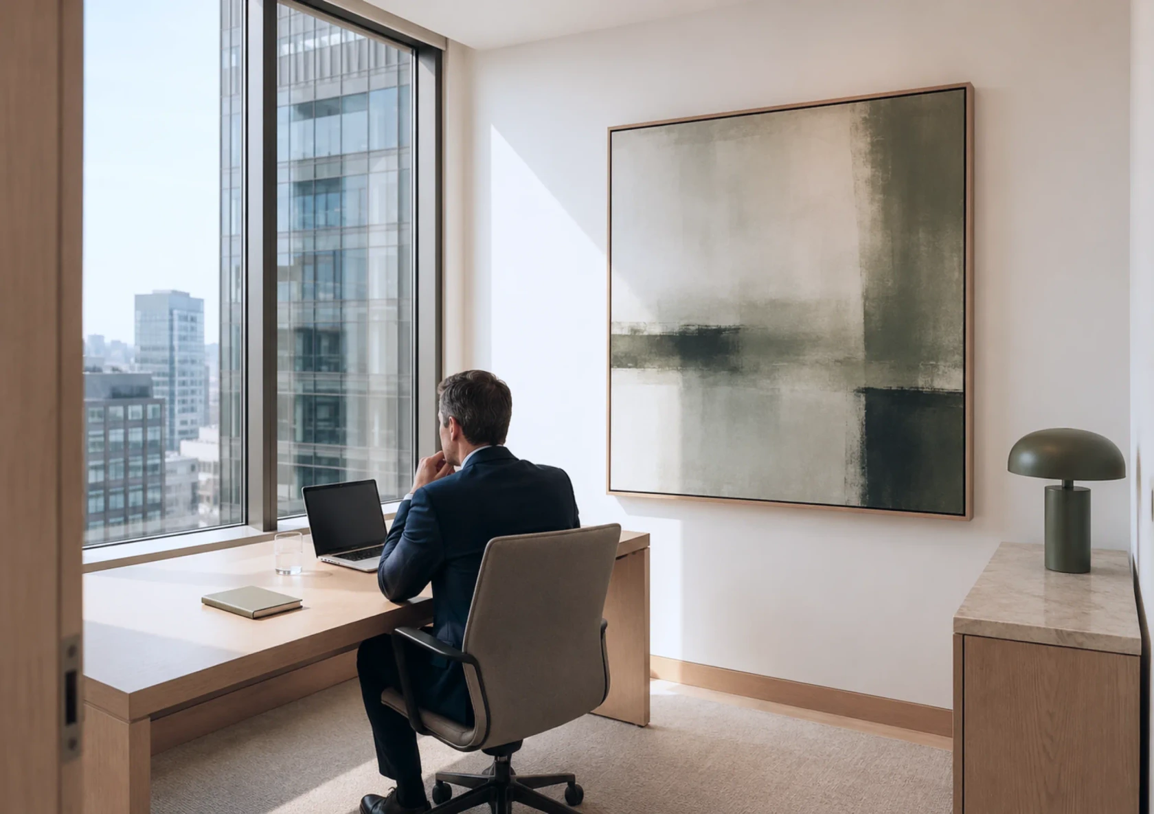 Analyst working on a laptop at a desk with a city view