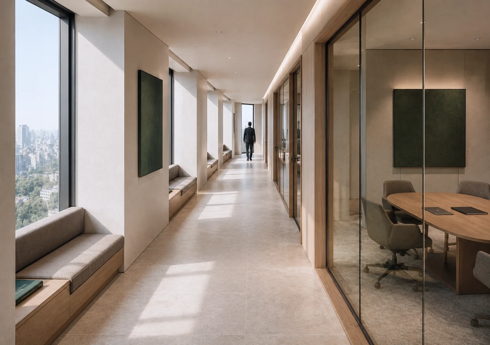 Sunlit office corridor with window seats and a city view